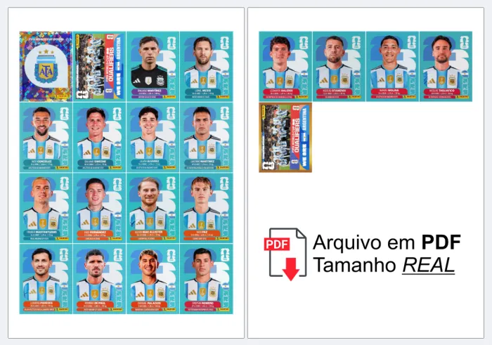 Folha A4 com figurinhas da Seleção Argentina para a Copa 2026 organizadas, prontas para recortar e colar no álbum, alta definição e acabamento perfeito