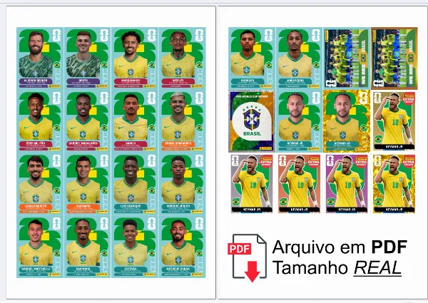 Folha A4 com figurinhas da seleção Brasil Copa do Mundo 2026 organizadas para recorte e colagem, alta definição e tamanho ideal para álbum