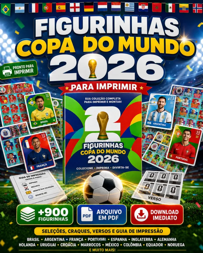 Kit digital de figurinhas Copa do Mundo 2026 para imprimir em PDF, com seleções como Brasil, Argentina, França, Portugal, Inglaterra, Espanha, Alemanha e mais de 900 figurinhas para download imediato.