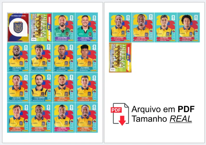 Folha A4 com as figurinhas da seleção do Equador para a Copa 2026 organizadas, prontas para recortar e colar no álbum, em alta definição e cores vibrantes