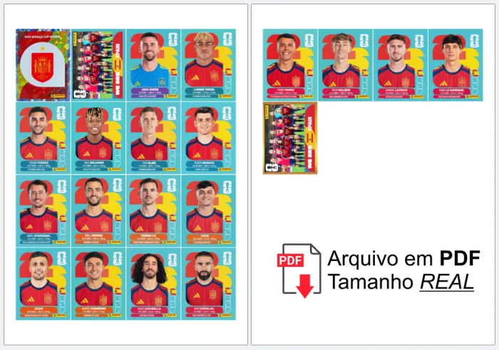 Folha A4 com figurinhas da seleção da Espanha para Copa 2026 organizadas, prontas para recortar e colar no álbum, em alta definição