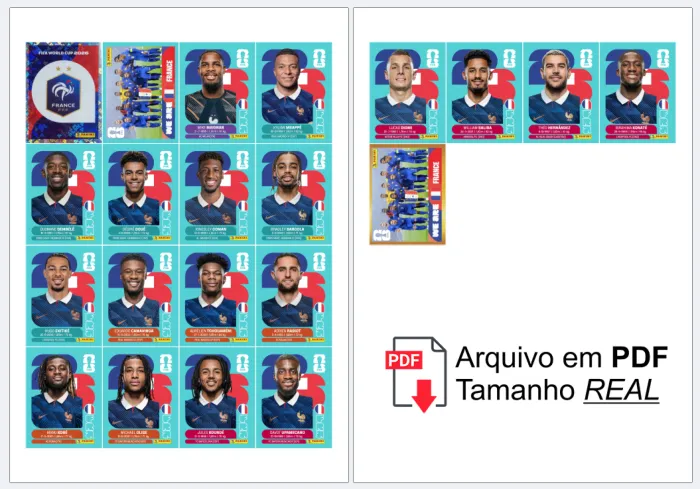 Folha A4 com figurinhas da Seleção da França para a Copa 2026 organizadas, prontas para recortar e colar no álbum, em alta definição