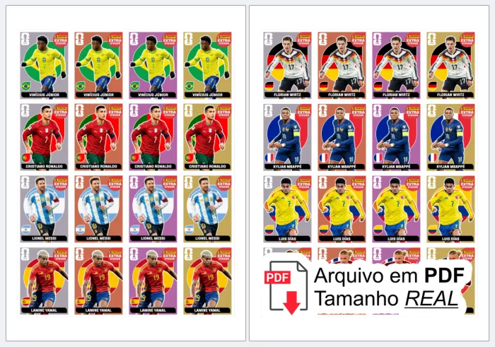 Folha A4 com figurinhas Legends Copa 2026 organizadas, prontas para recortar e colar no álbum, em alta definição e cores vibrantes