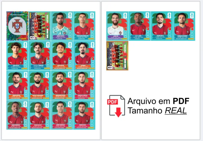 Folha A4 com figurinhas da seleção Portugal Copa 2026 organizadas para recorte, alta definição e tamanho ideal para colar no álbum