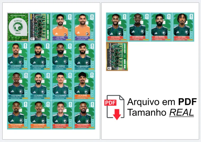 folha A4 com as figurinhas da Seleção Completa ARABIA organizadas, prontas para recortar e colar no álbum, alta definição