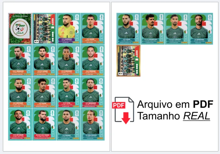 folha A4 com as figurinhas da Seleção Completa ARGELIA organizadas, prontas para recortar e colar no álbum, alta definição