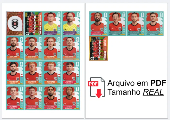 folha A4 com as figurinhas da seleção da Áustria organizadas, prontas para recortar e colar no álbum, alta definição.