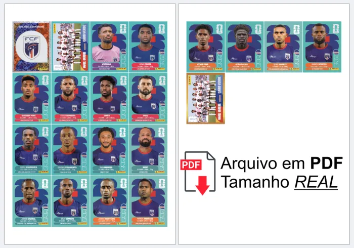 folha A4 com as figurinhas da Seleção Completa Cabo Verde organizadas, prontas para recortar e colar no álbum, alta definição.
