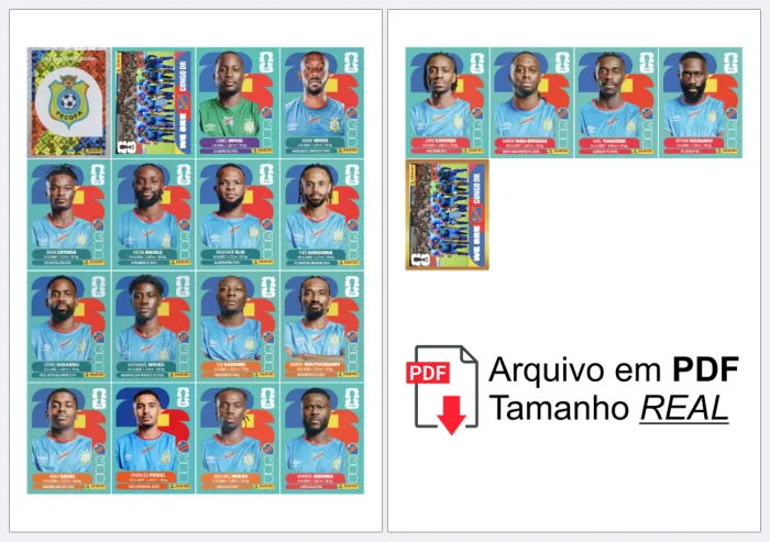 folha A4 com as figurinhas da Seleção Completa CONGO DR organizadas, prontas para recortar e colar no álbum, alta definição.