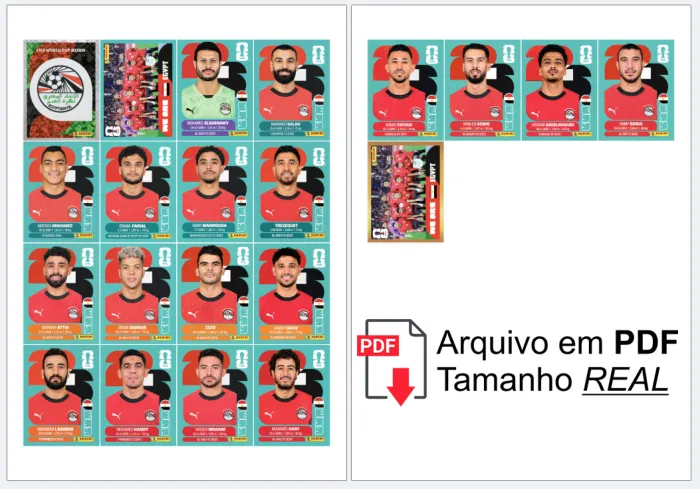 folha A4 com as figurinhas da Seleção Egito organizadas, prontas para recortar e colar no álbum, alta definição