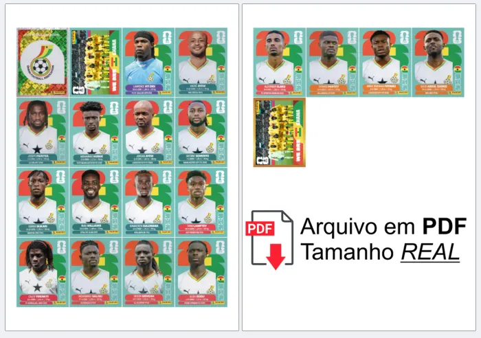 folha A4 com as figurinhas da Seleção GANA organizadas, prontas para recortar e colar no álbum, alta definição