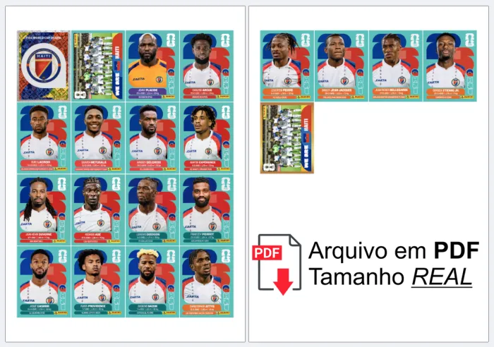 folha A4 com as figurinhas da Seleção Haitiana organizadas, prontas para recortar e colar no álbum, alta definição.