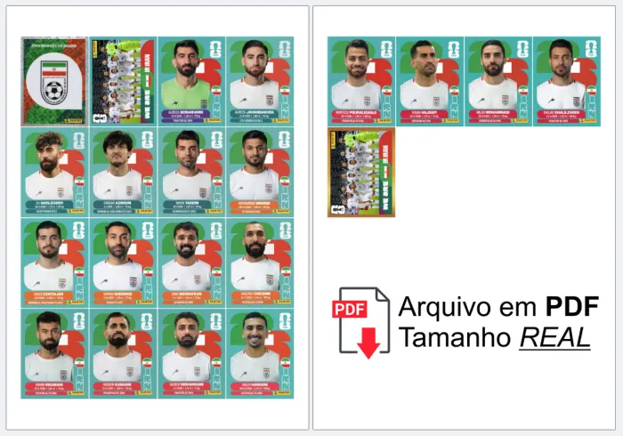 folha A4 com as figurinhas da Seleção Completa IR IRAN organizadas, prontas para recortar e colar no álbum, alta definição.