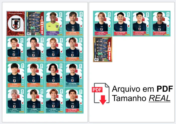 folha A4 com as figurinhas da Seleção Japão organizadas, prontas para recortar e colar no álbum, alta definição