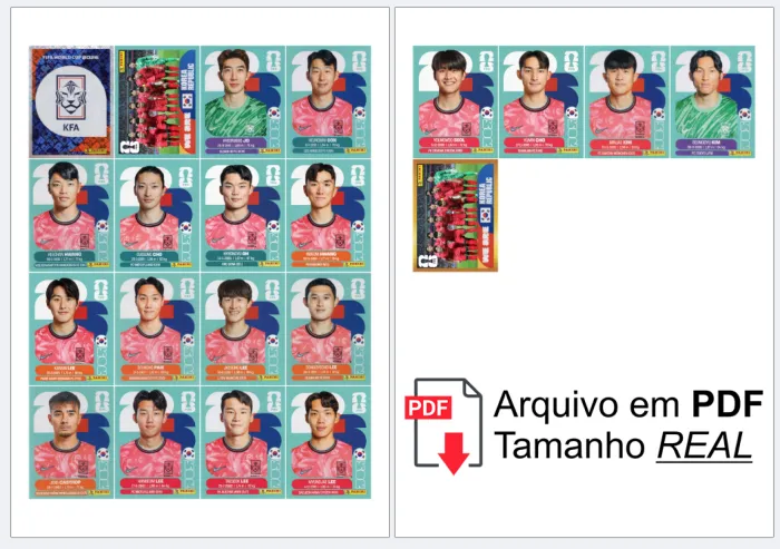 folha A4 com as figurinhas da Seleção Completa KOREA organizadas, prontas para recortar e colar no álbum, alta definição.