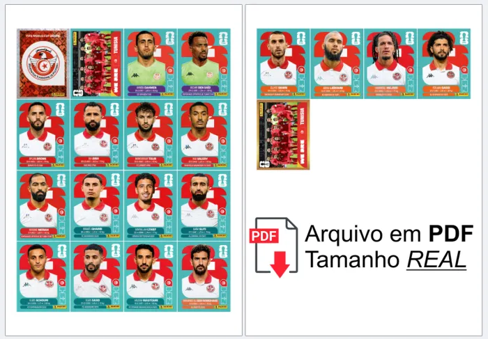 folha A4 com as figurinhas da Seleção TUNISIA organizadas, prontas para recortar e colar no álbum, alta definição