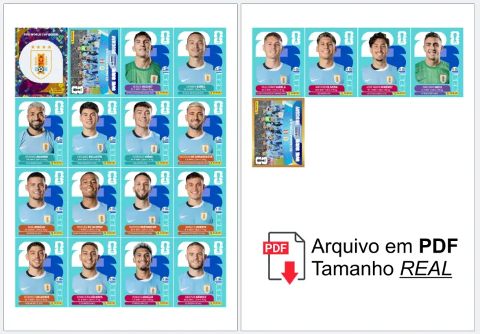 Folha A4 com figurinhas da seleção do Uruguai para a Copa 2026 organizadas, prontas para recortar e colar no álbum, alta definição e tamanho ideal