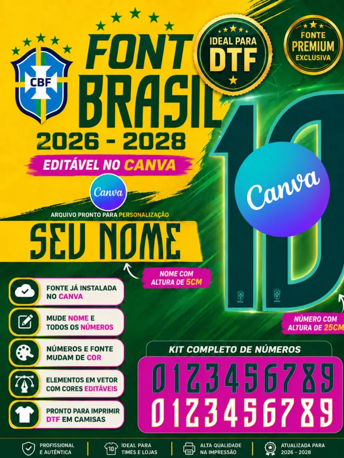 Fonte Brasil 2026 a 2028 editável no Canva com nomes e números vetoriais para impressão DTF em camisas Janete Artes