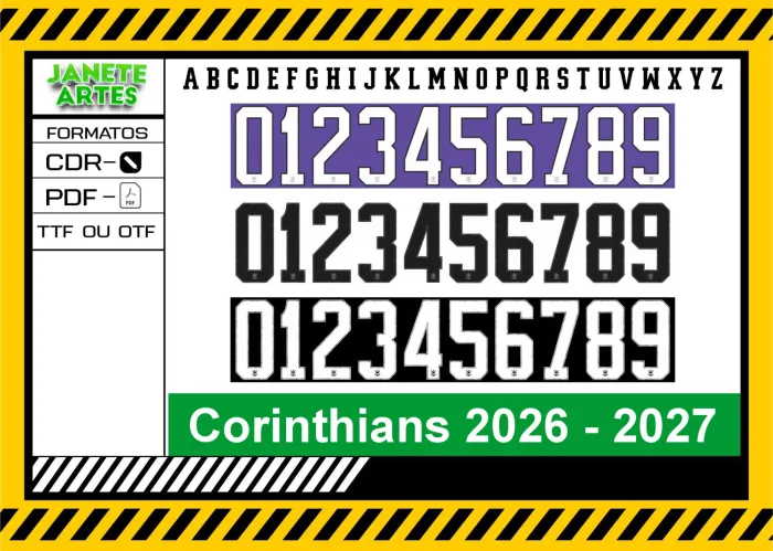 Amostra da fonte Corinthians 2026-2027 com números de 0 a 9 e alfabeto de A a Z na cor preta, para personalizar camisa de futebol.