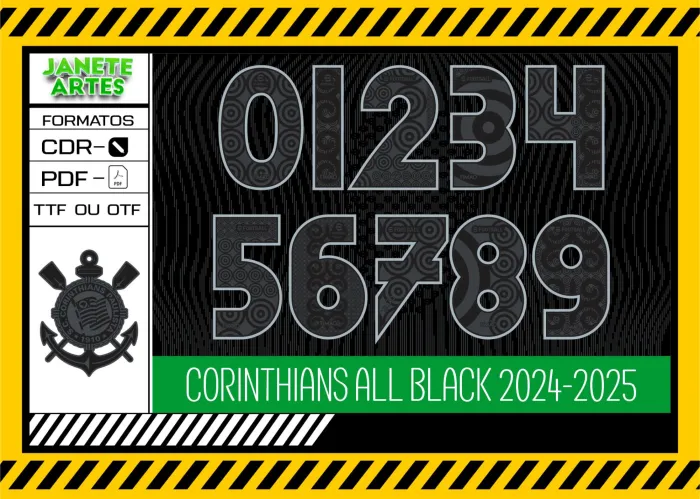 Camiseta unissex preta com logo no peito e estampa grande nas costas destacando a fonte Corinthians all black 2024 2025 em estilo moderno e marcante.