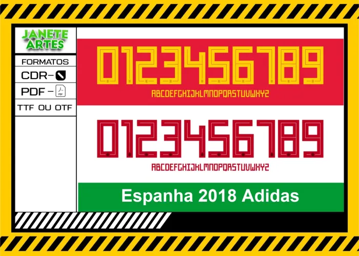 Amostra da fonte Espanha 2018 com números de 0 a 9 e alfabeto de A a Z na cor preta, ideal para personalizar camisa de futebol.
