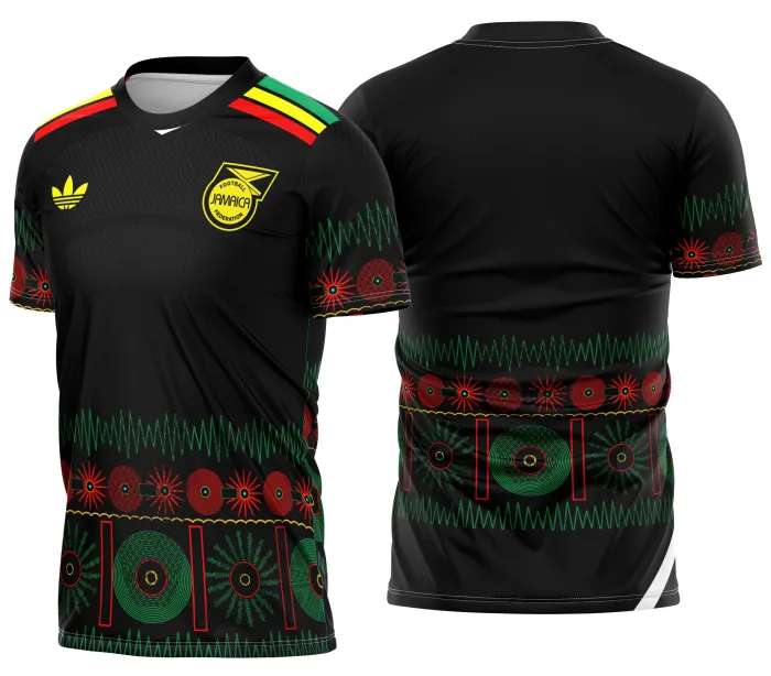 Camiseta unissex preta com logo no peito e estampa grande nas costas da Jamaica Uniforme Reserva 2026, mostrando design marcante e moderno para fãs e colecionadores.