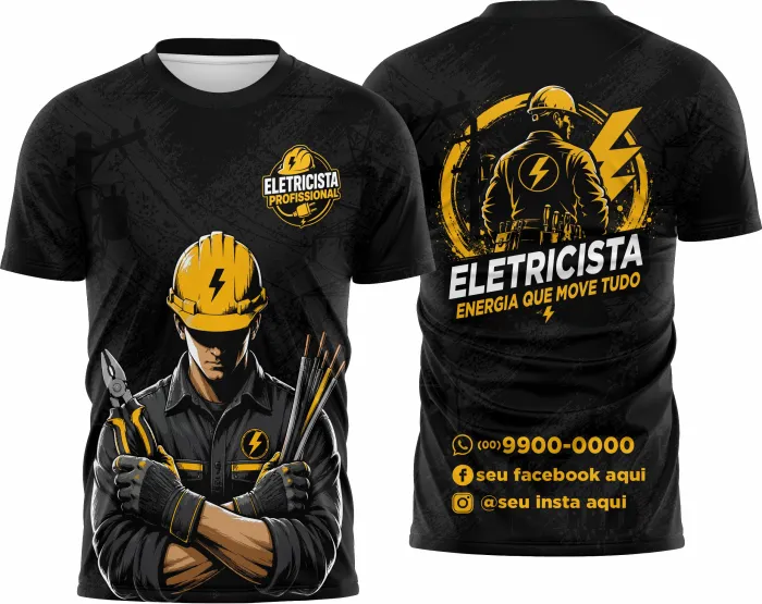 Camiseta unissex branca com logo no peito e estampa grande nas costas temática de eletricista, ideal para profissionais e fãs da área