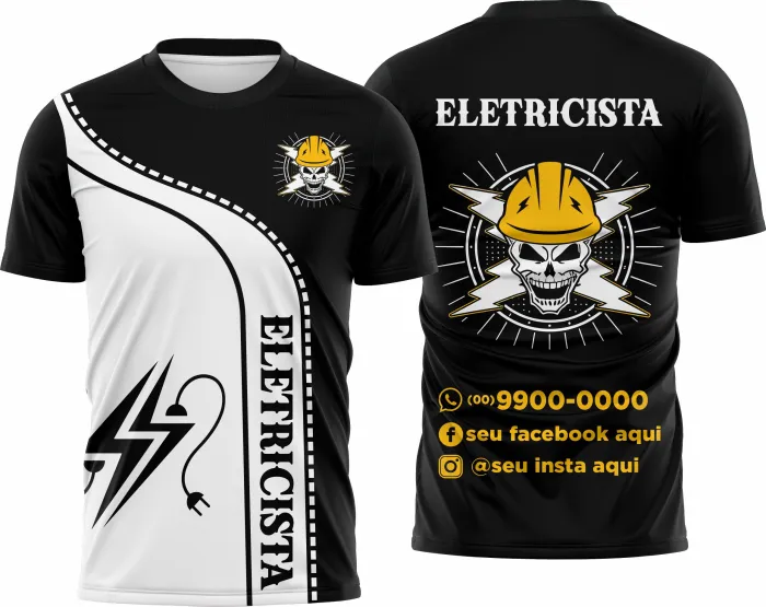 Camiseta unissex branca com logo no peito e estampa grande nas costas com tema de eletricista
