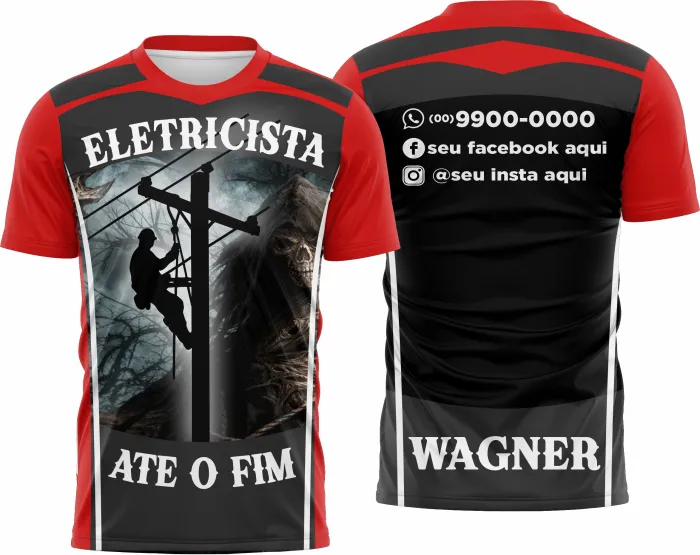 Camiseta unissex branca com logo no peito e estampa grande nas costas com tema de eletricista, design moderno e atraente