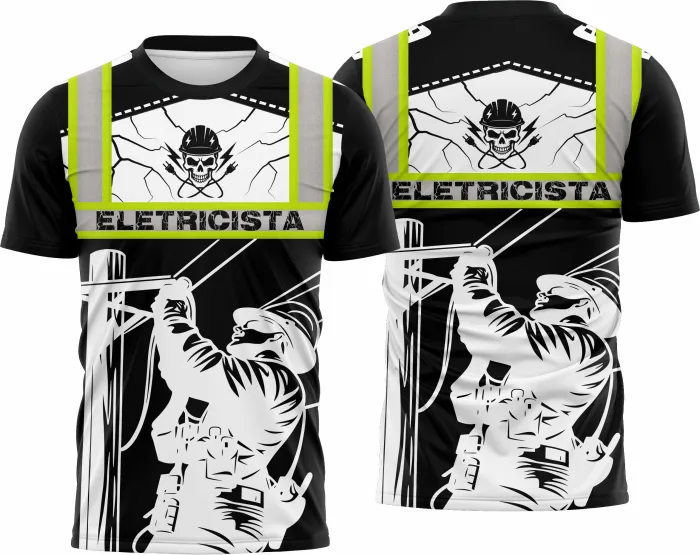 Camiseta unissex branca com logo no peito e estampa grande nas costas com tema eletricista, design moderno e detalhado