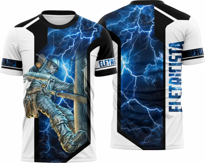 Camiseta unissex branca com logo no peito e estampa grande nas costas com tema eletricista, ideal para profissionais da área