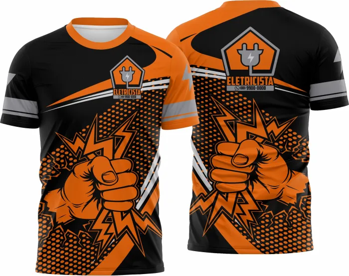 Camiseta unissex branca com logo no peito e estampa grande nas costas com tema de eletricista