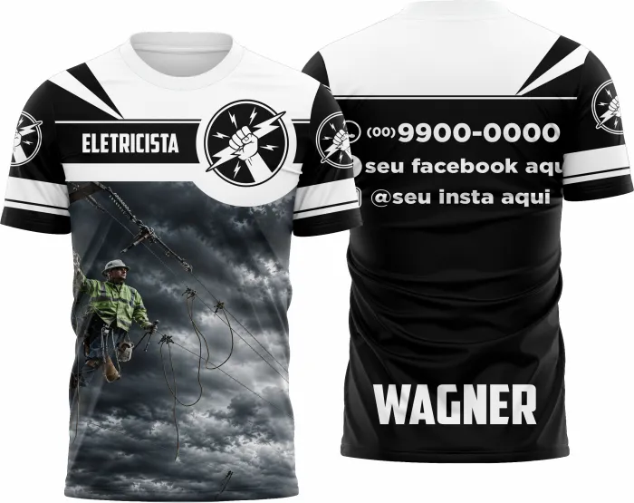 Camiseta unissex branca com logo no peito e estampa grande nas costas com tema eletricista