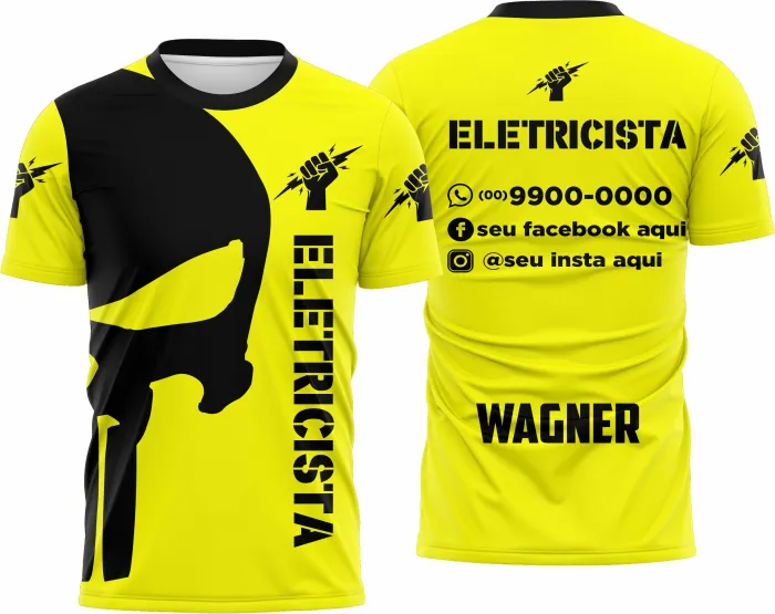 Camiseta unissex branca com logo no peito e estampa grande nas costas com tema eletricista, destacando ferramentas e símbolos elétricos