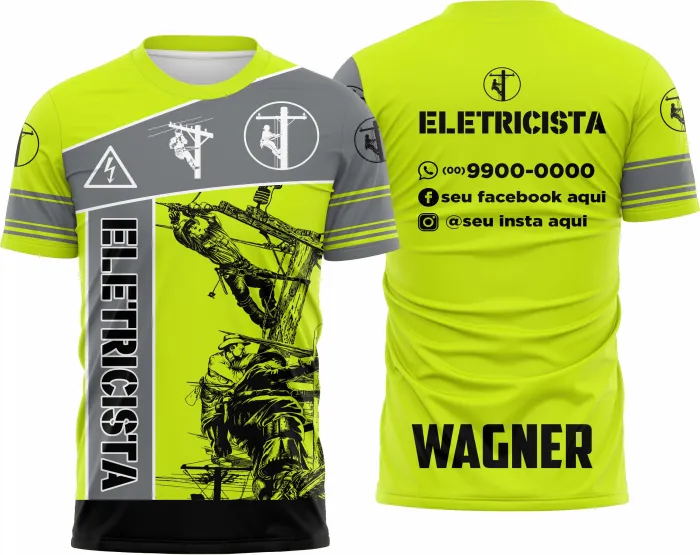 Camiseta unissex branca com logo no peito e estampa grande nas costas com tema de eletricista