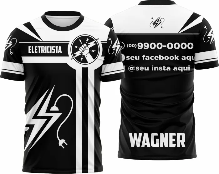 Camiseta unissex branca com logo no peito e estampa grande nas costas com tema de eletricista, design moderno e marcante