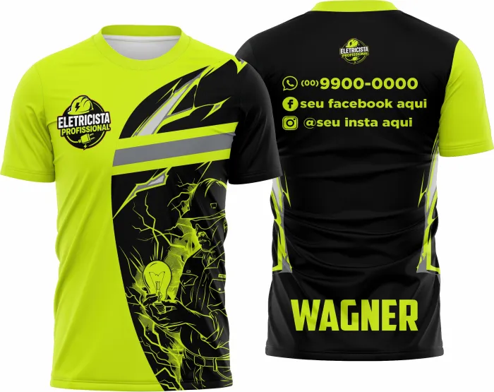 Camiseta unissex branca com logo no peito e estampa grande nas costas com tema eletricista, ideal para profissionais da área