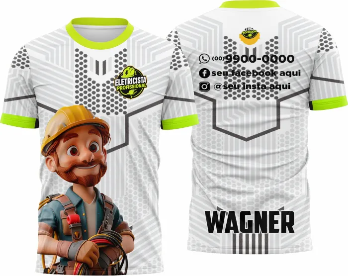 Camiseta unissex branca com logo no peito e estampa grande nas costas com tema eletricista