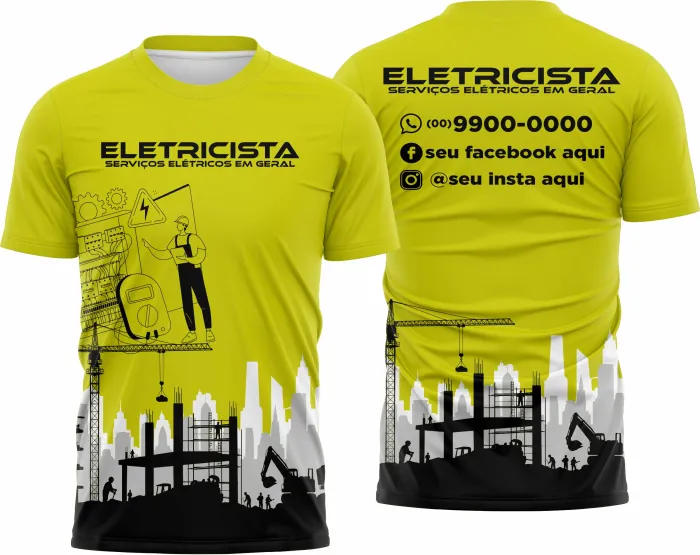 Camiseta unissex branca com logo no peito e estampa grande nas costas com tema eletricista, ideal para profissionais da área.