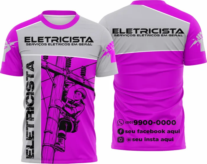 Camiseta unissex branca com logo no peito e estampa grande nas costas com tema eletricista, design moderno e impactante