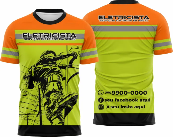 Camiseta unissex branca com logo no peito e estampa grande nas costas com tema de eletricista