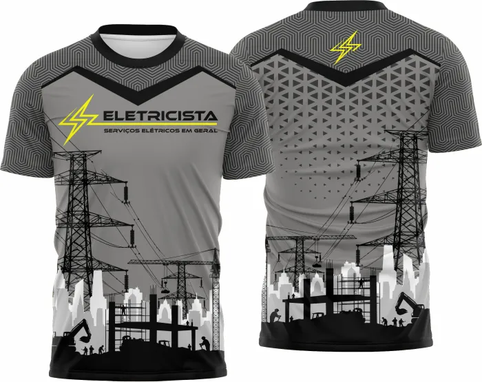 Camiseta unissex branca com logo no peito e estampa grande nas costas tema eletricista, ideal para profissionais da área
