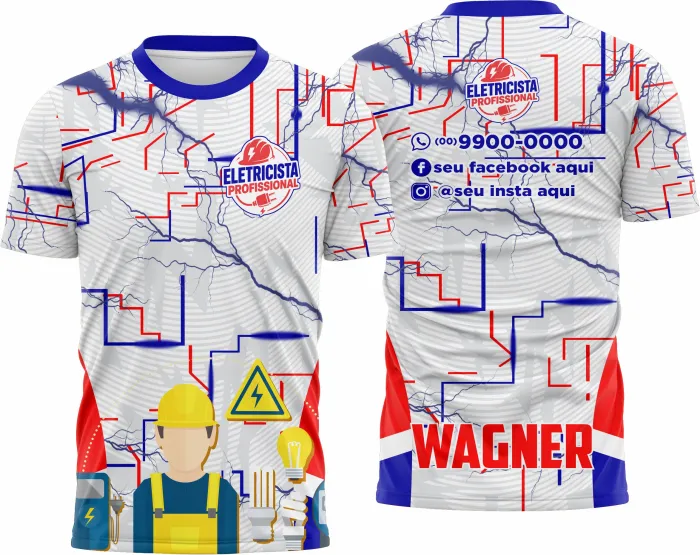 Camiseta unissex branca com logo no peito e estampa grande nas costas com tema de eletricista, destacando ferramentas e símbolos elétricos