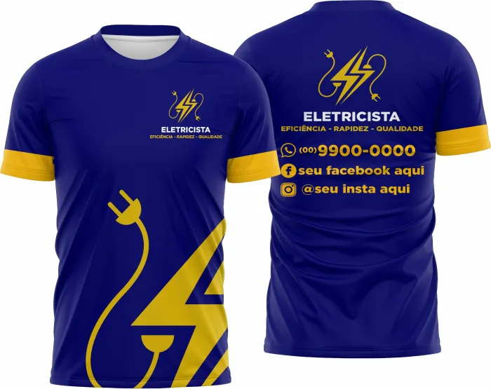 Camiseta unissex branca com logo no peito e estampa grande nas costas com tema de eletricista