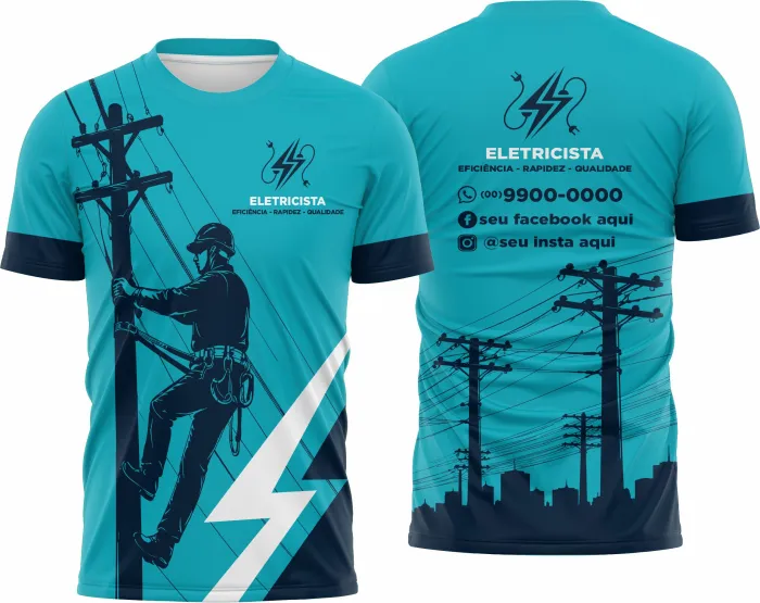 Camiseta unissex branca com logo no peito e estampa grande nas costas com tema de eletricista