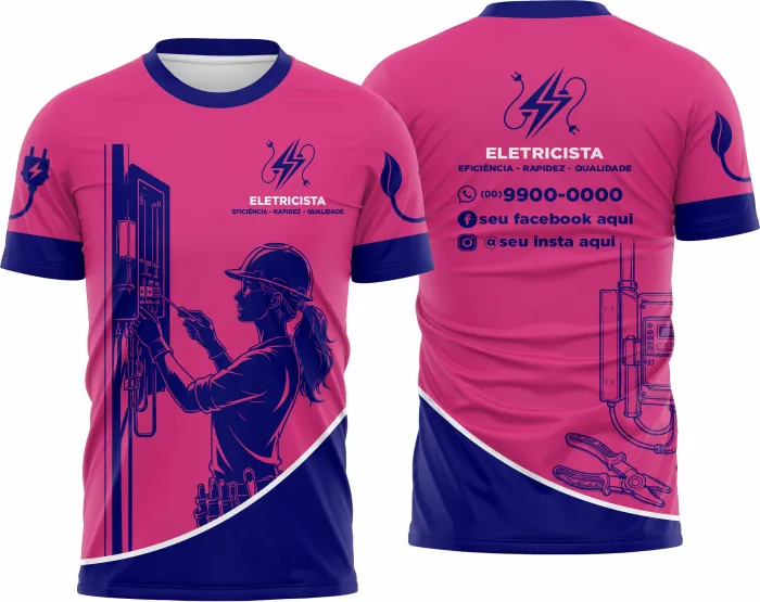 Camiseta unissex branca com logo no peito e estampa grande nas costas com tema de eletricista