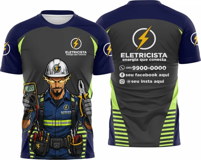 Camiseta unissex branca com logo no peito e estampa grande nas costas com tema eletricista profissional