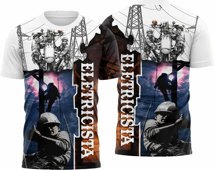 Camiseta unissex branca com logo no peito e estampa grande nas costas com tema de eletricista, design moderno e profissional