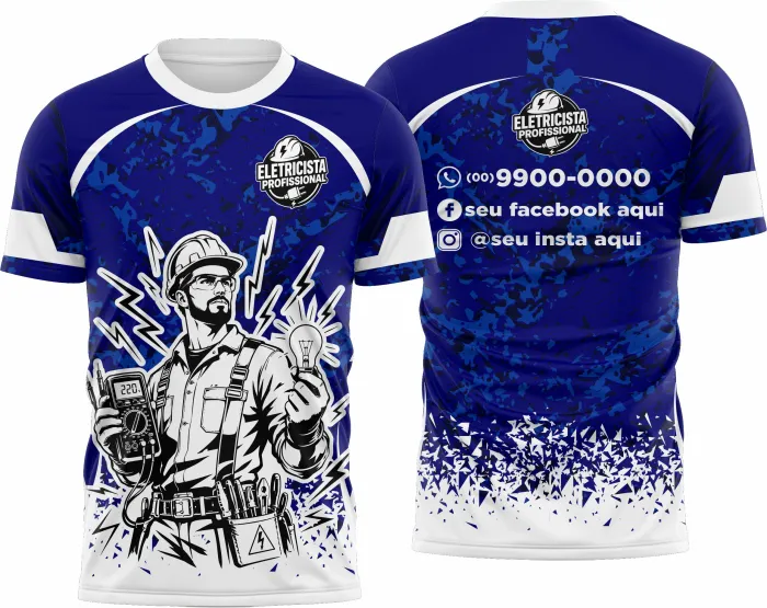 Camiseta unissex branca com logo no peito e estampa grande nas costas com temática de eletricista