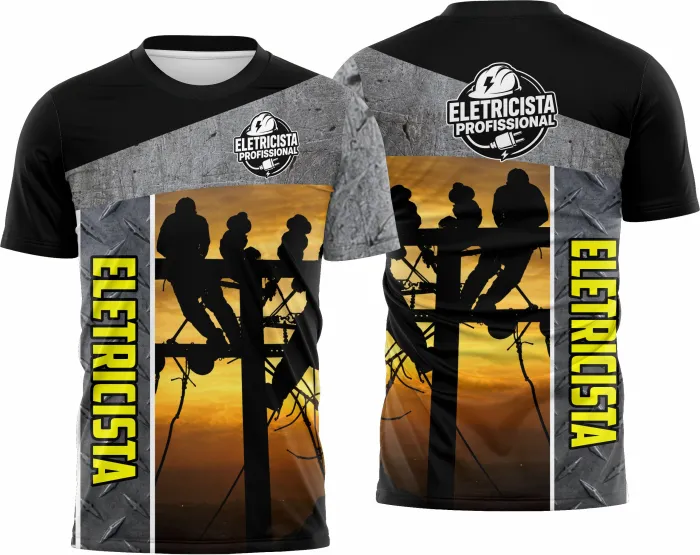 Camiseta unissex branca com logo no peito e estampa grande nas costas com tema de eletricista e ferramentas